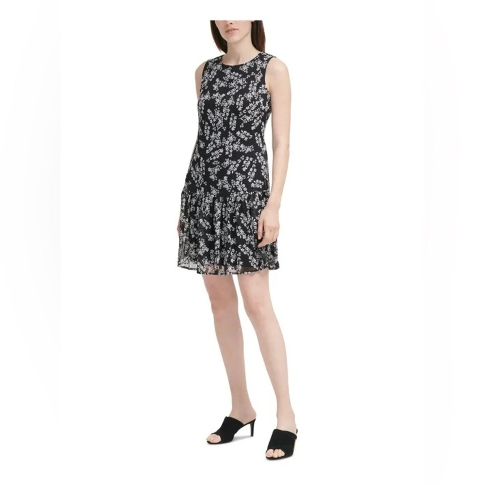 Calvin Klein Black White Floral Ruffle Hem Sheath V Back Dress